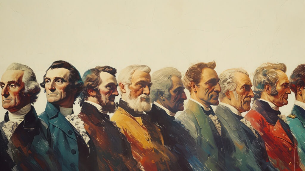 Stylized portrait lineup of U.S. Presidents looking dramatically patriotic and mildly confused.
