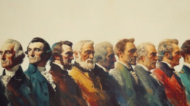 Stylized portrait lineup of U.S. Presidents looking dramatically patriotic and mildly confused.