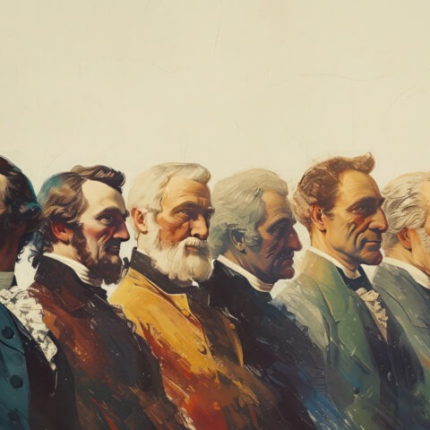 Stylized portrait lineup of U.S. Presidents looking dramatically patriotic and mildly confused.
