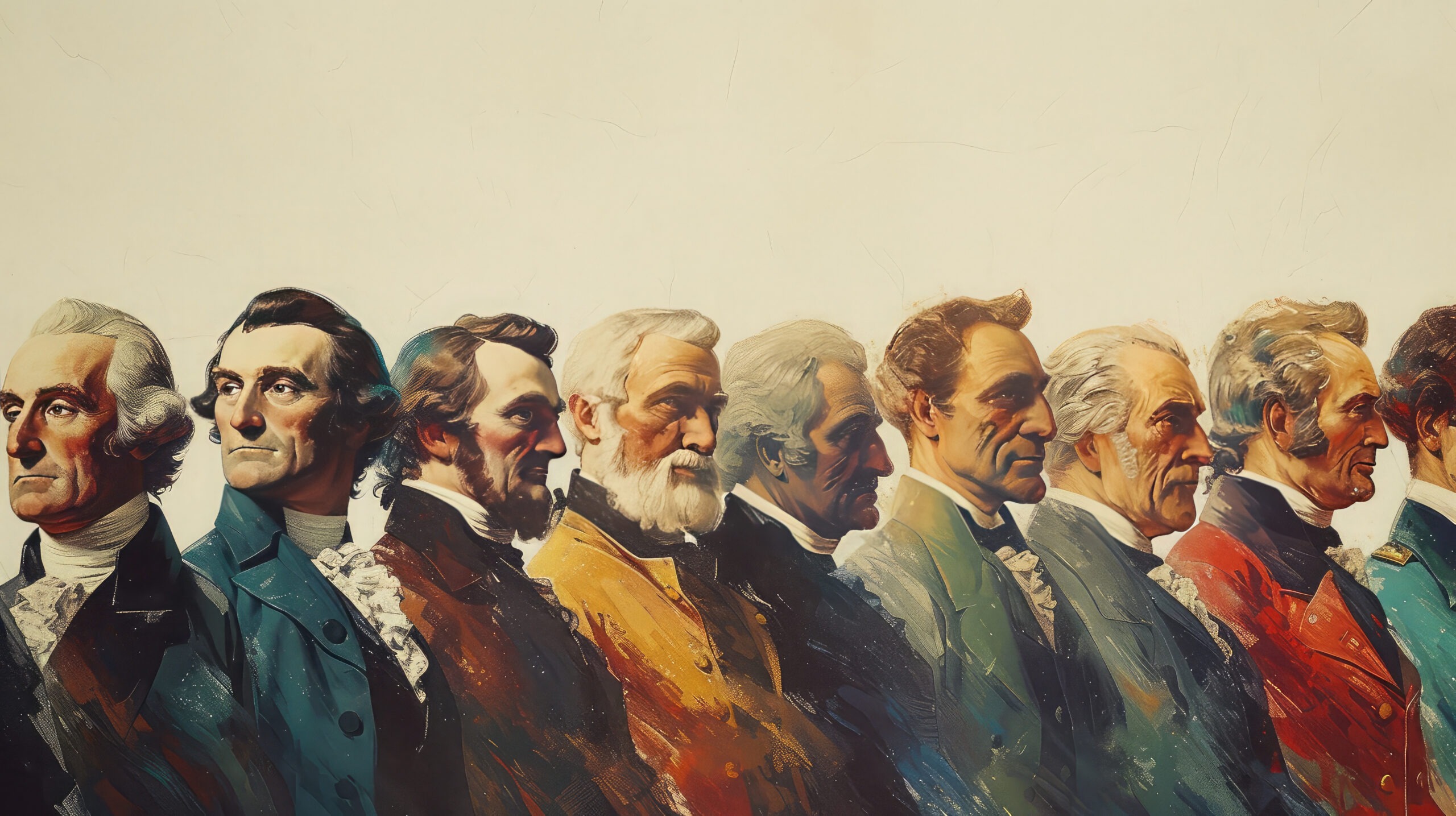 Stylized portrait lineup of U.S. Presidents looking dramatically patriotic and mildly confused.