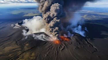 Aerial view of a volcanic eruption with lava and ash clouds rising over a rugged landscape