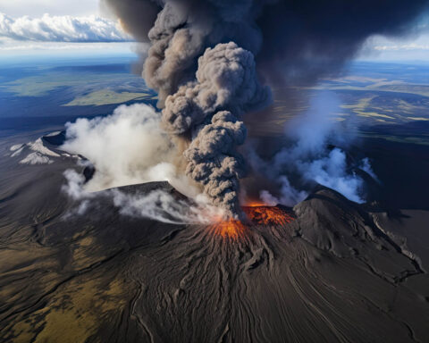 Aerial view of a volcanic eruption with lava and ash clouds rising over a rugged landscape