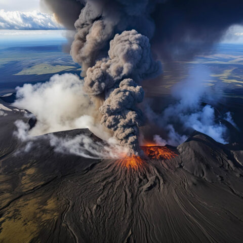 Aerial view of a volcanic eruption with lava and ash clouds rising over a rugged landscape