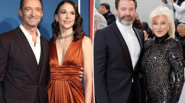 Split image of Hugh Jackman with Sutton Foster (left) and with ex-wife Deborra-Lee Furness (right) at red carpet events