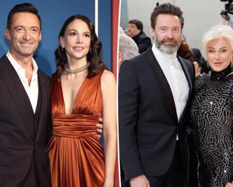 Split image of Hugh Jackman with Sutton Foster (left) and with ex-wife Deborra-Lee Furness (right) at red carpet events