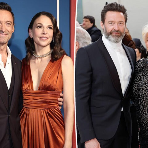 Split image of Hugh Jackman with Sutton Foster (left) and with ex-wife Deborra-Lee Furness (right) at red carpet events