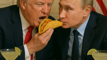 Donald Trump and Vladimir Putin share a taco at a White House table, surrounded by margaritas and American flags