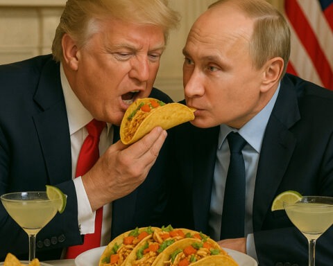Donald Trump and Vladimir Putin share a taco at a White House table, surrounded by margaritas and American flags