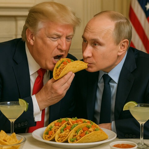 Donald Trump and Vladimir Putin share a taco at a White House table, surrounded by margaritas and American flags