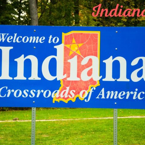 Indiana welcome sign reading “Crossroads of America”