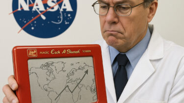 Frustrated NASA scientist in lab coat studies climate data drawn on an Etch A Sketch in front of NASA logo.
