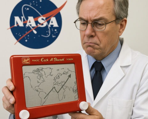 Frustrated NASA scientist in lab coat studies climate data drawn on an Etch A Sketch in front of NASA logo.