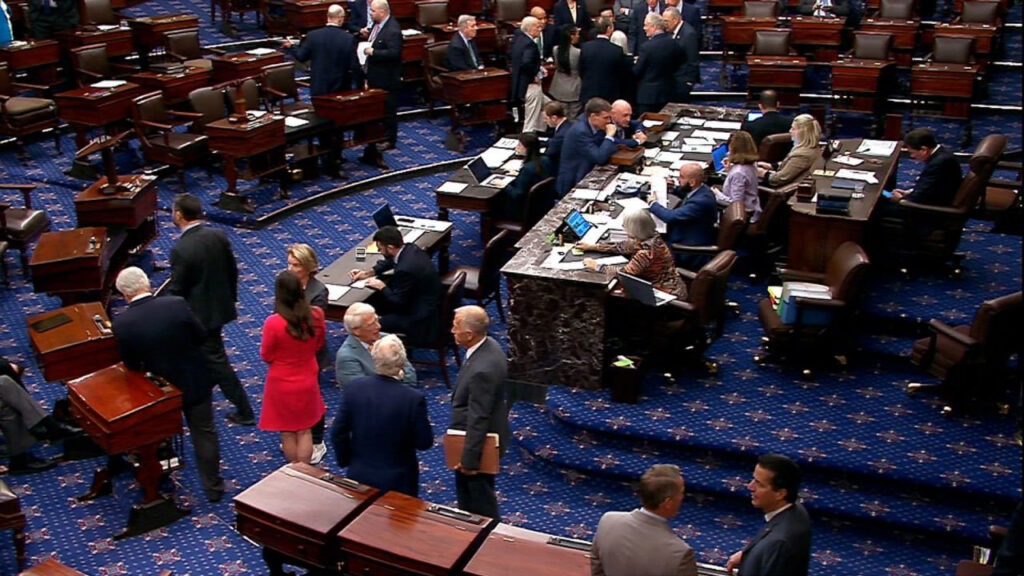 Senators on the chamber floor during an all-night vote session in Washington, D.C.