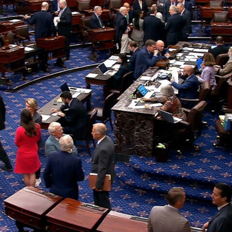 Senators on the chamber floor during an all-night vote session in Washington, D.C.