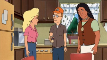 Animated scene from King of the Hill showing Dale Gribble confronting Nancy and John Redcorn in a kitchen