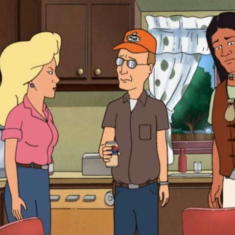 Animated scene from King of the Hill showing Dale Gribble confronting Nancy and John Redcorn in a kitchen