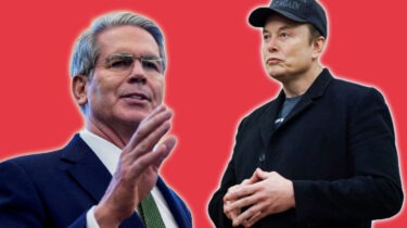 Elon Musk and White House adviser Bessent appear face to face against a red backdrop after chaotic confrontation