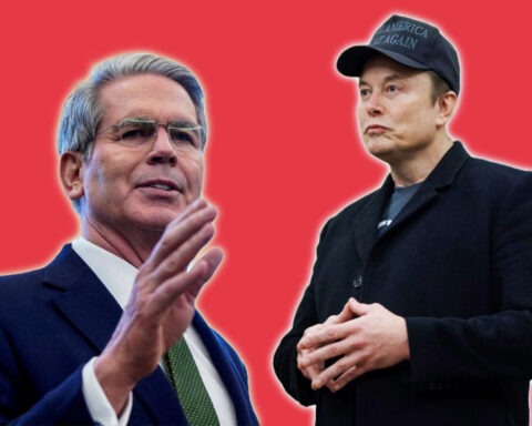Elon Musk and White House adviser Bessent appear face to face against a red backdrop after chaotic confrontation