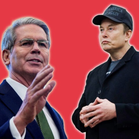 Elon Musk and White House adviser Bessent appear face to face against a red backdrop after chaotic confrontation