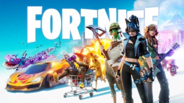 Fortnite characters in a chaotic scene with cars, dragons, and emotes