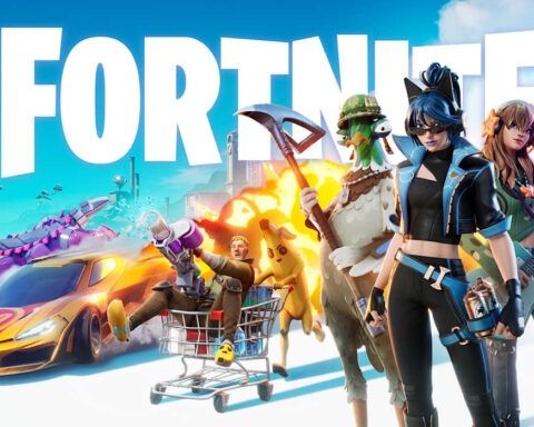 Fortnite characters in a chaotic scene with cars, dragons, and emotes