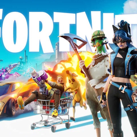 Fortnite characters in a chaotic scene with cars, dragons, and emotes
