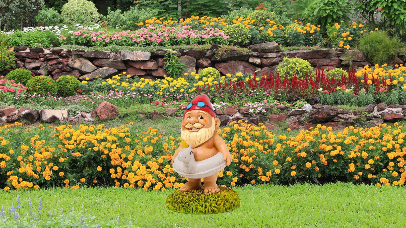 Garden gnome with red hat and unicorn floatie