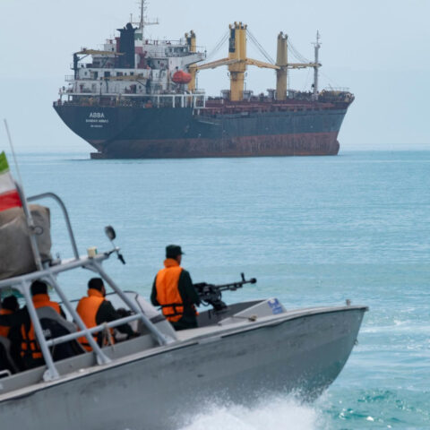 Speedboat patrols Strait of Hormuz during Iranian marine display