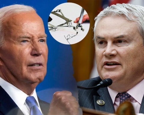 Split image of President Joe Biden and Congressman James Comer arguing over an executive order, with a close-up of an autopen machine signing a document in the center.