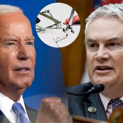 Split image of President Joe Biden and Congressman James Comer arguing over an executive order, with a close-up of an autopen machine signing a document in the center.