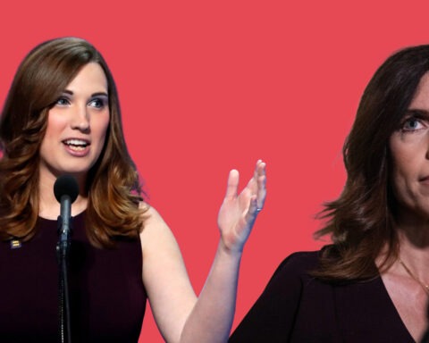 Nancy Mace Angry while Sara Jacobs smiles under bright lights