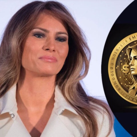 Melania Trump poses beside golden digital coin during crypto launch