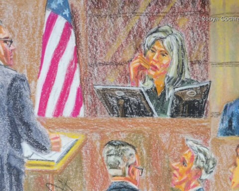 Courtroom sketch of Mike Lindell defamation trial, showing judge, attorneys, and Lindell at witness stand