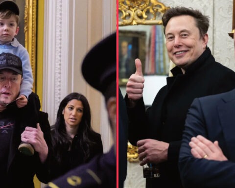 Split image of Elon Musk with child and Stephen Miller at formal event during high-profile political feud