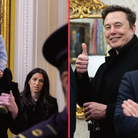 Split image of Elon Musk with child and Stephen Miller at formal event during high-profile political feud