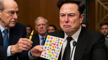 Elon Musk pouting at a Senate hearing while holding colorful stickers and being handed a crayon by a serious-looking senator.
