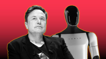Elon Musk sitting beside Tesla’s humanoid Optimus robot against a red background.