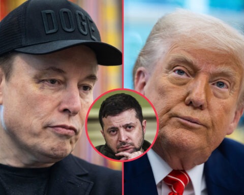 Side-by-side image of Elon Musk and Donald Trump amid reports of Zelenskyy offering to mediate their feud.