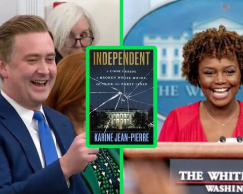 Fox News correspondent Peter Doocy laughs as Karine Jean-Pierre smiles at the White House podium, with her new memoir “Independent” displayed between them.