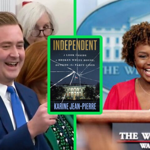 Fox News correspondent Peter Doocy laughs as Karine Jean-Pierre smiles at the White House podium, with her new memoir “Independent” displayed between them.