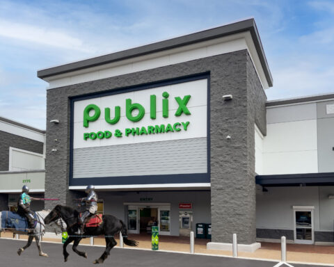 Knights in costume with outside Publix Jousting