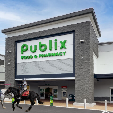 Knights in costume with outside Publix Jousting