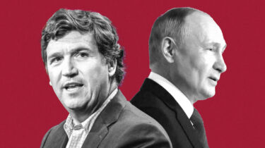 Tucker Carlson and Vladimir Putin seated together in formal meeting