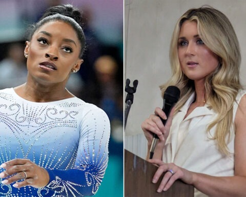 Simone Biles and Riley Gaines pictured separately as they lead rival social media debates over a high school softball game