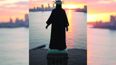 Statue of Liberty in black niqab facing Manhattan skyline at sunset