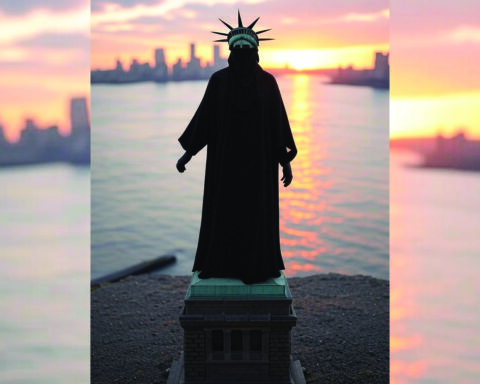 Statue of Liberty in black niqab facing Manhattan skyline at sunset