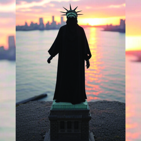 Statue of Liberty in black niqab facing Manhattan skyline at sunset