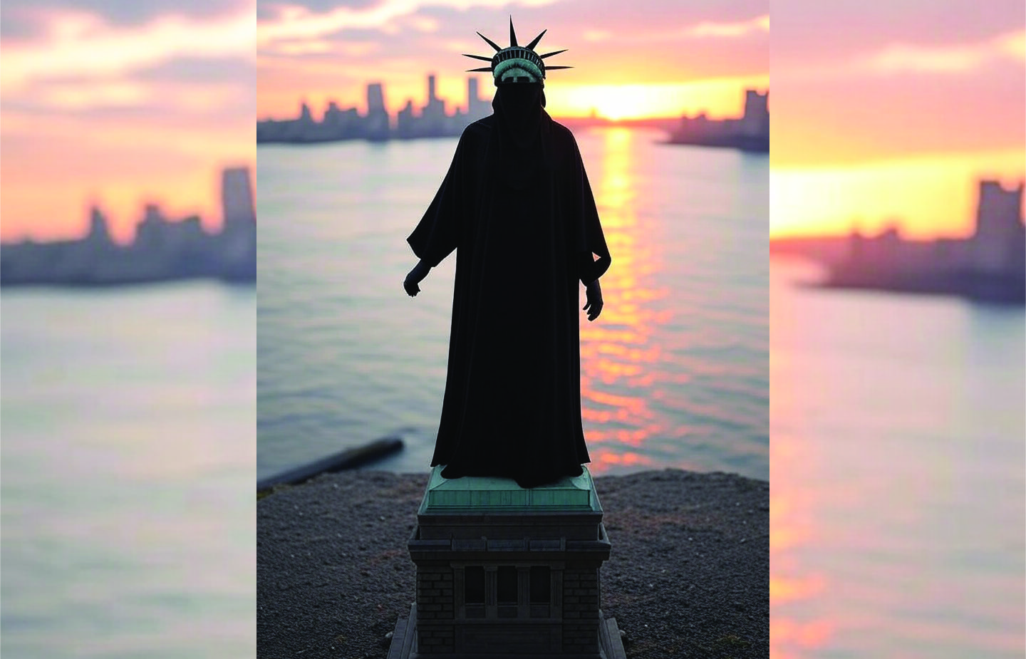 Statue of Liberty in black niqab facing Manhattan skyline at sunset