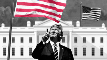 Donald Trump saluting an oversized American flag on a towering flagpole in front of the White House
