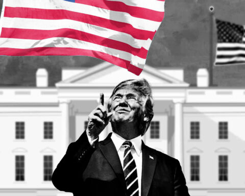 Donald Trump saluting an oversized American flag on a towering flagpole in front of the White House
